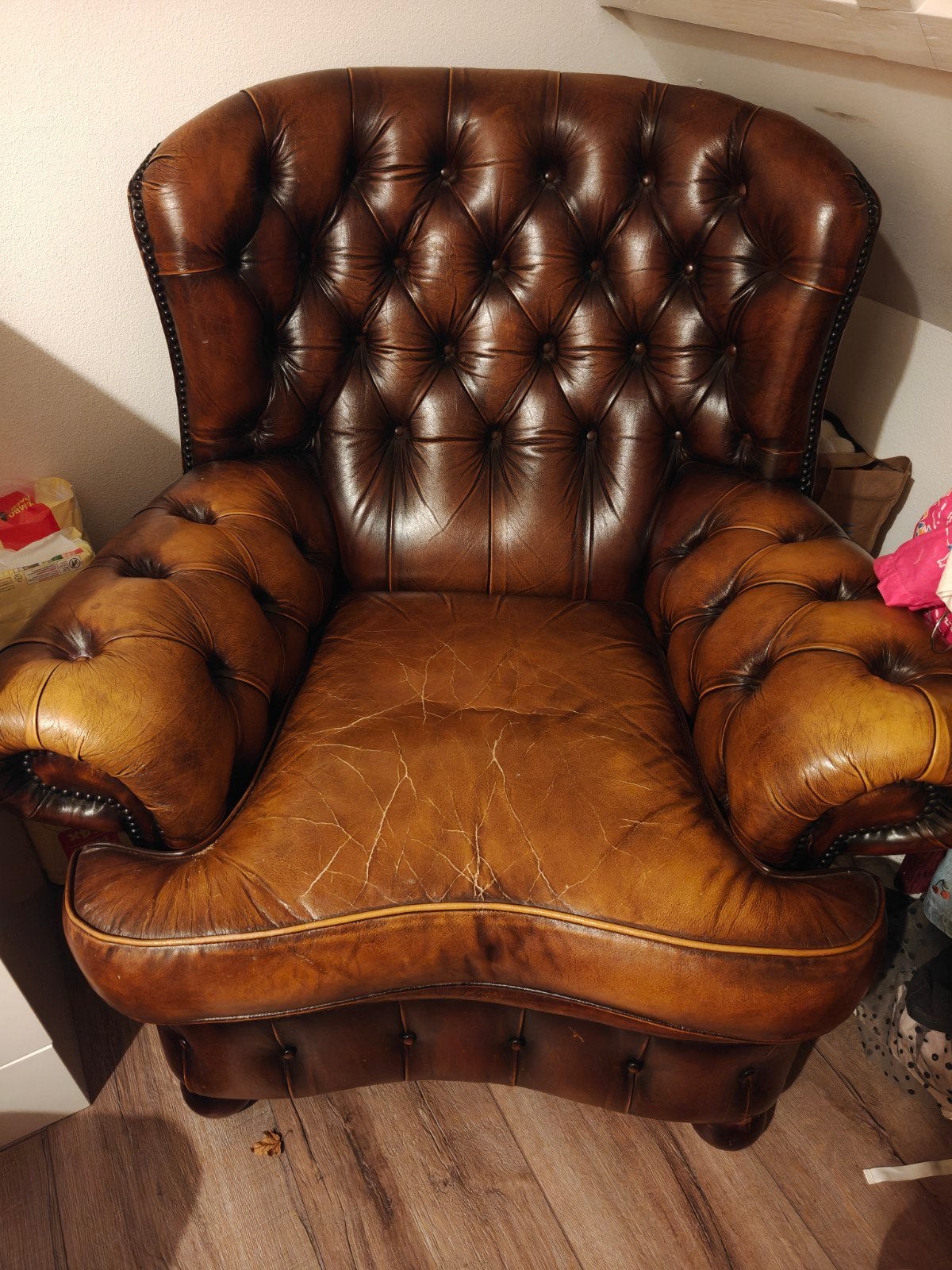 Leren Chesterfield Fauteuil - Vintage Bruin, Ophalen, Gebruikt, Chesterfield, Klassiek, Vintage, 75 tot 100 cm