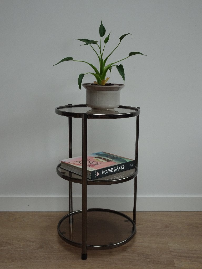 Vintage tafeltje / bijzettafel jaren 70 Bijenkorf rookglas, Ophalen, Minder dan 55 cm, Gebruikt, Rond