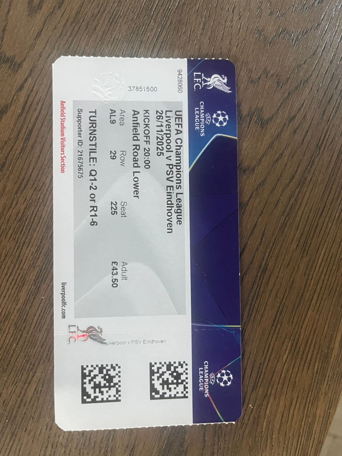TICKET LIVERPOOL-PSV CHAMPIONS LEAGUE 25-26, Verzamelen, Verzenden, Zo goed als nieuw, PSV, Overige typen