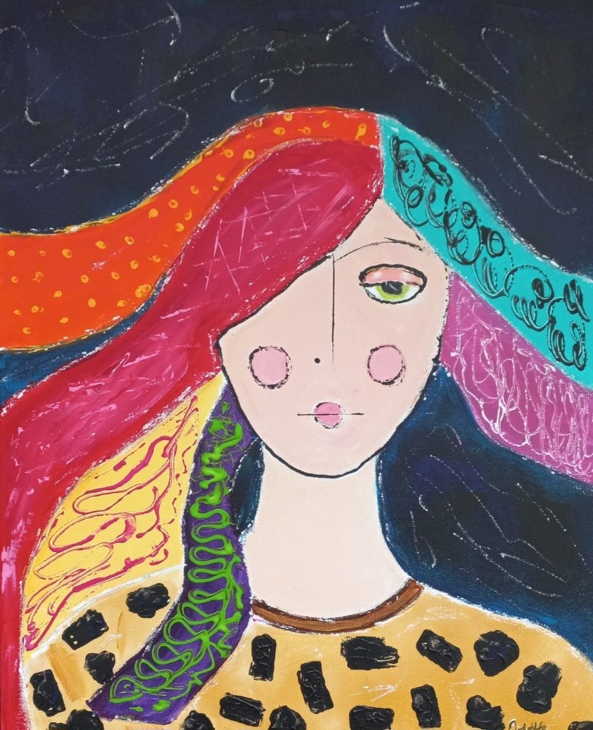 Kleurrijk schilderij fantasieportret dame, Huis en Inrichting, 50 – 75, Minder dan 50 cm, Nieuw, Ophalen of Verzenden