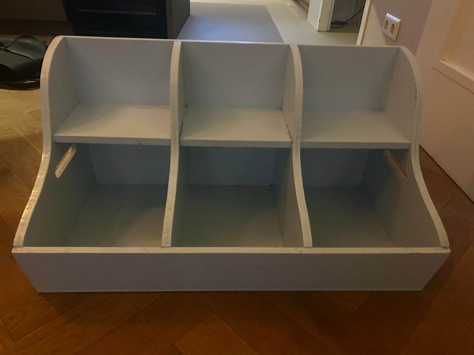 Lichtblauwe houten gruttersbak met 3 vakken 73x35, Ophalen, Gebruikt