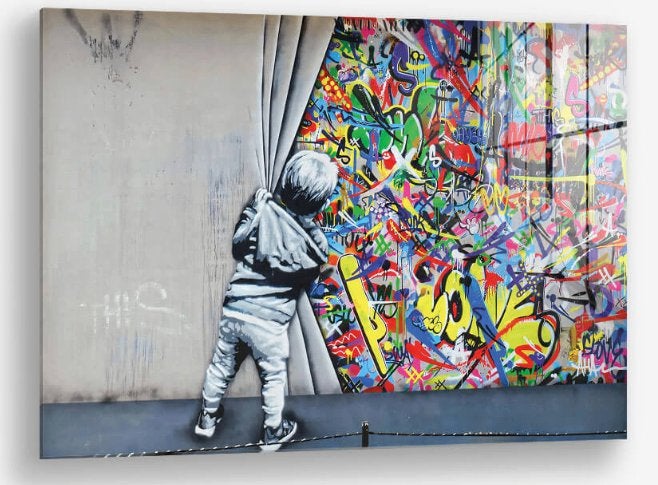 Glasschilderij Behind The Curtain 80x120 - Gehard glas, Antiek en Kunst, Kunst | Schilderijen | Modern, Figuren, Glas, Achter glas