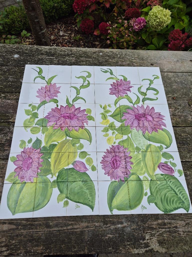 2x afbeelding bloemen 2x18 dunne losse tegels 15x15cm, Ophalen of Verzenden, Zo goed als nieuw, Steen/keramiek