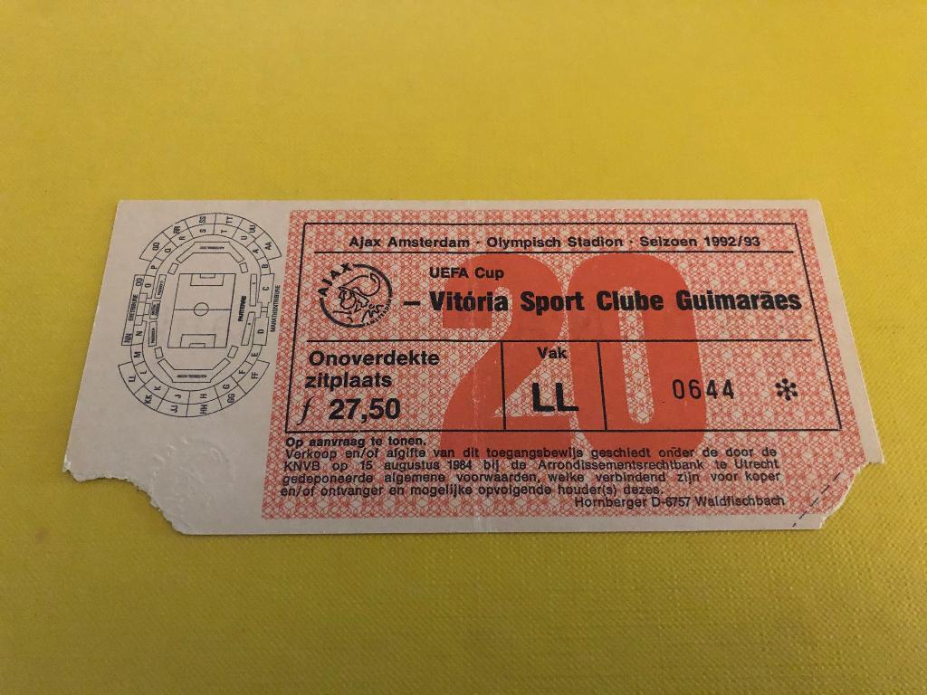 ⚽ Ticket Uefa-Cup Ajax - Vitoria Guimares 1992/1993 ⚽, Verzenden, Zo goed als nieuw, Ajax, Overige typen