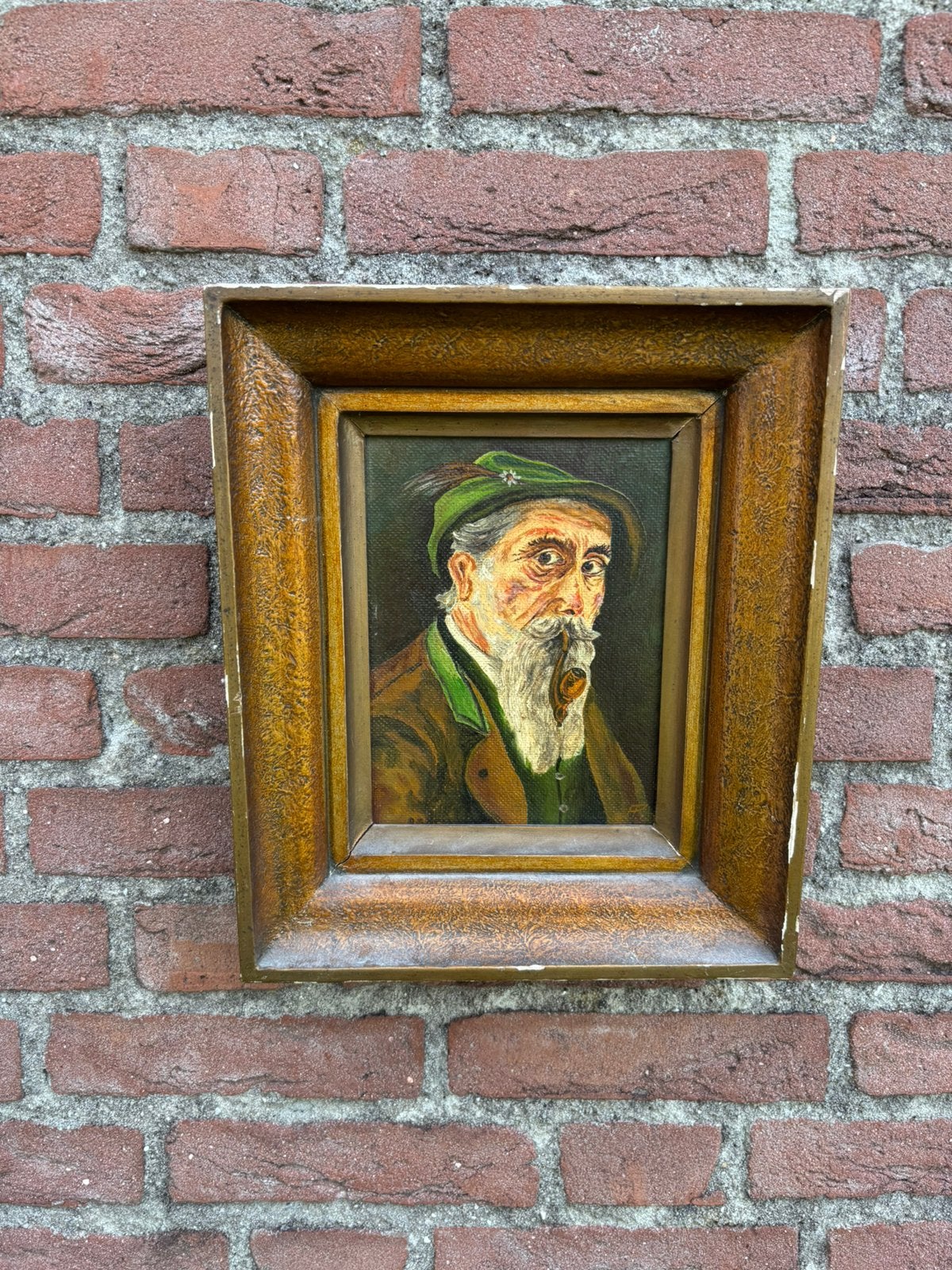 Vintage portret Tiroolse man met pijp olieverf op paneel, Ophalen of Verzenden, Portret of Personen