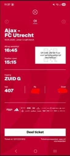 ticket Ajax Utrecht, Tickets en Kaartjes, Losse kaart, Eén persoon, Mei