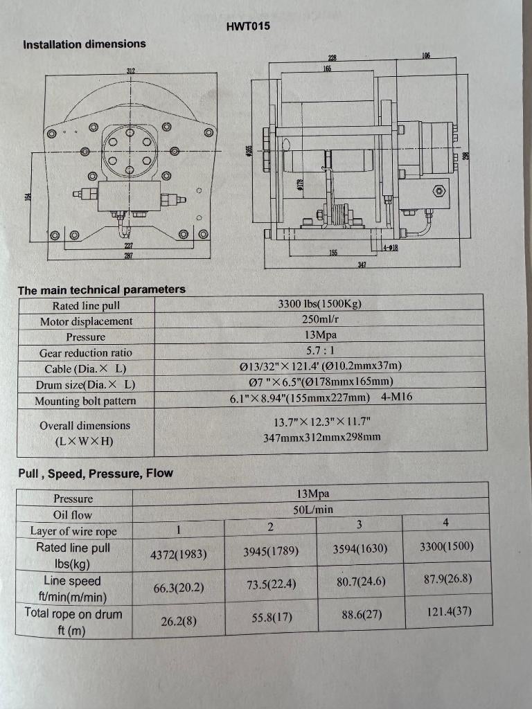 Hydraulische Hijslier 1500/3000kg kabel 37m10mm KOMPAKT, Ophalen of Verzenden, Nieuw
