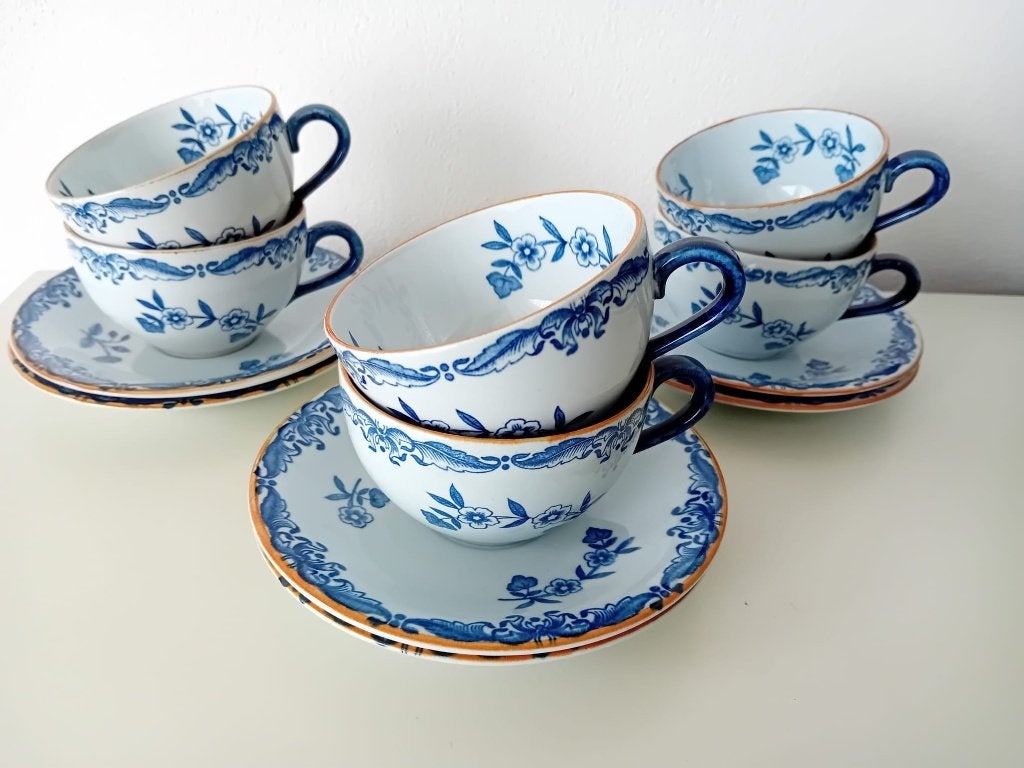 6 Puntgave theekoppen en schotels van Rorstrand Ostindia., Ophalen of Verzenden, Zo goed als nieuw, Overige stijlen, Kop(pen) en/of Schotel(s)