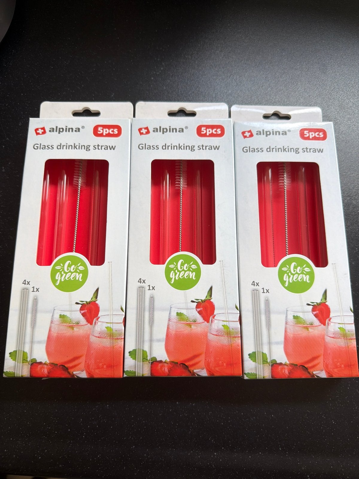 3x Alpina Glazen Rietjes Set - 4 Rietjes + Borstel, Ophalen, Nieuw, Overige merken, Glas