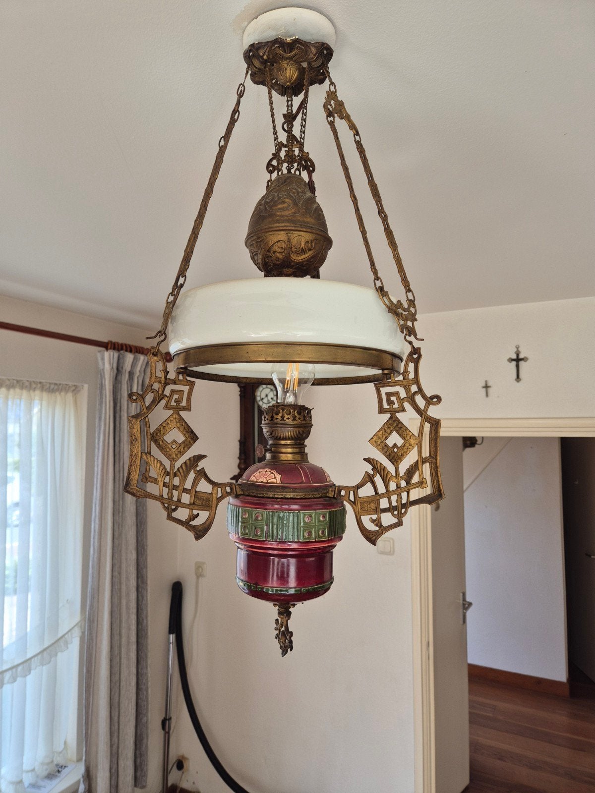 Antieke Olie Lamp / Hanglamp - Prachtig Messing & Keramiek, Antiek en Kunst, Ophalen