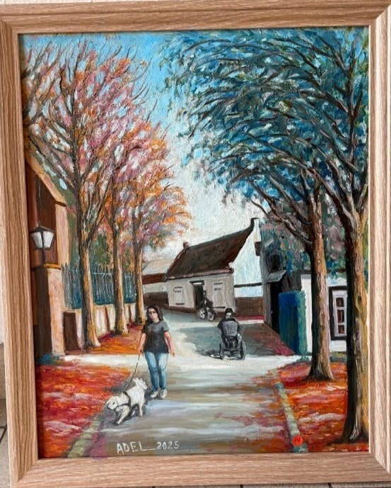 Olieverfschilderij: Herfsttafereel met hond en mensen, Ophalen of Verzenden