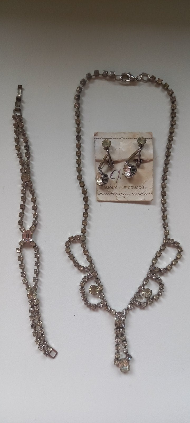 Vintage strass sieradenset: ketting, armband en oorbellen, Overige materialen, Gebruikt, Ophalen of Verzenden, Zilver