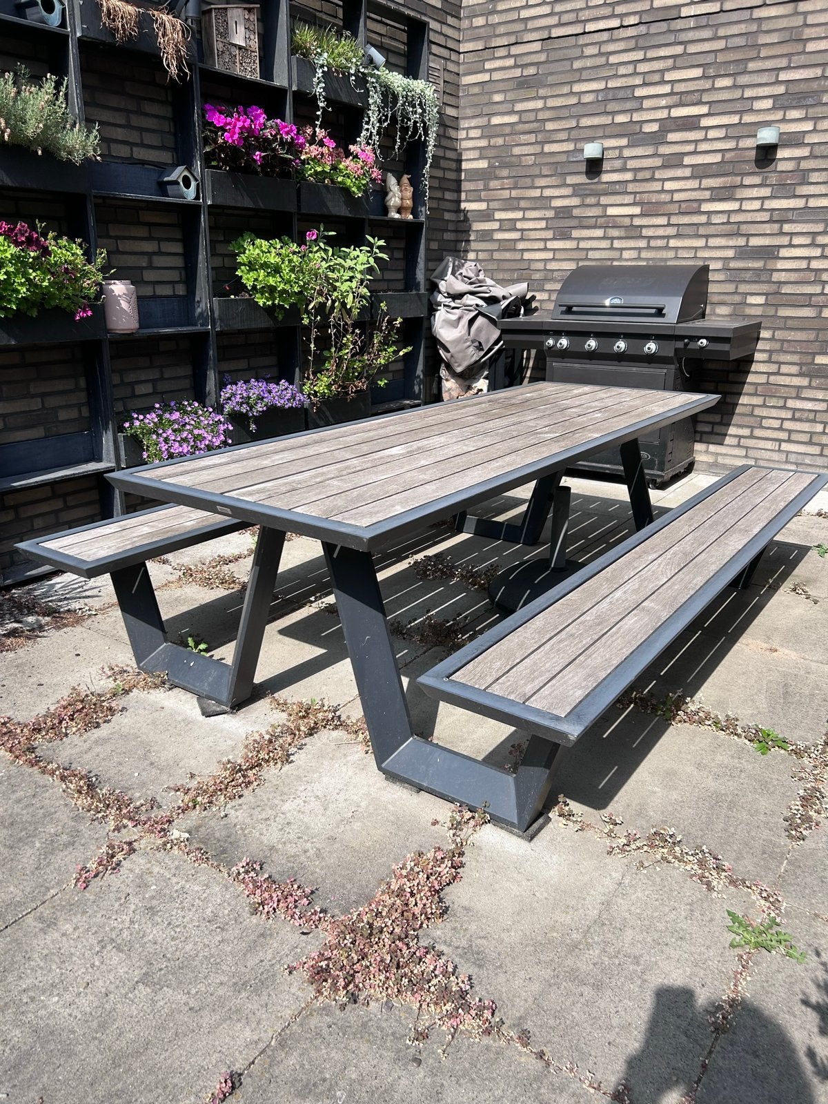 picknicktafel met aluminium onderstel 2.4 m, Tuin en Terras, Picknicktafels, Ophalen, Gebruikt, Rechthoekig, Hout
