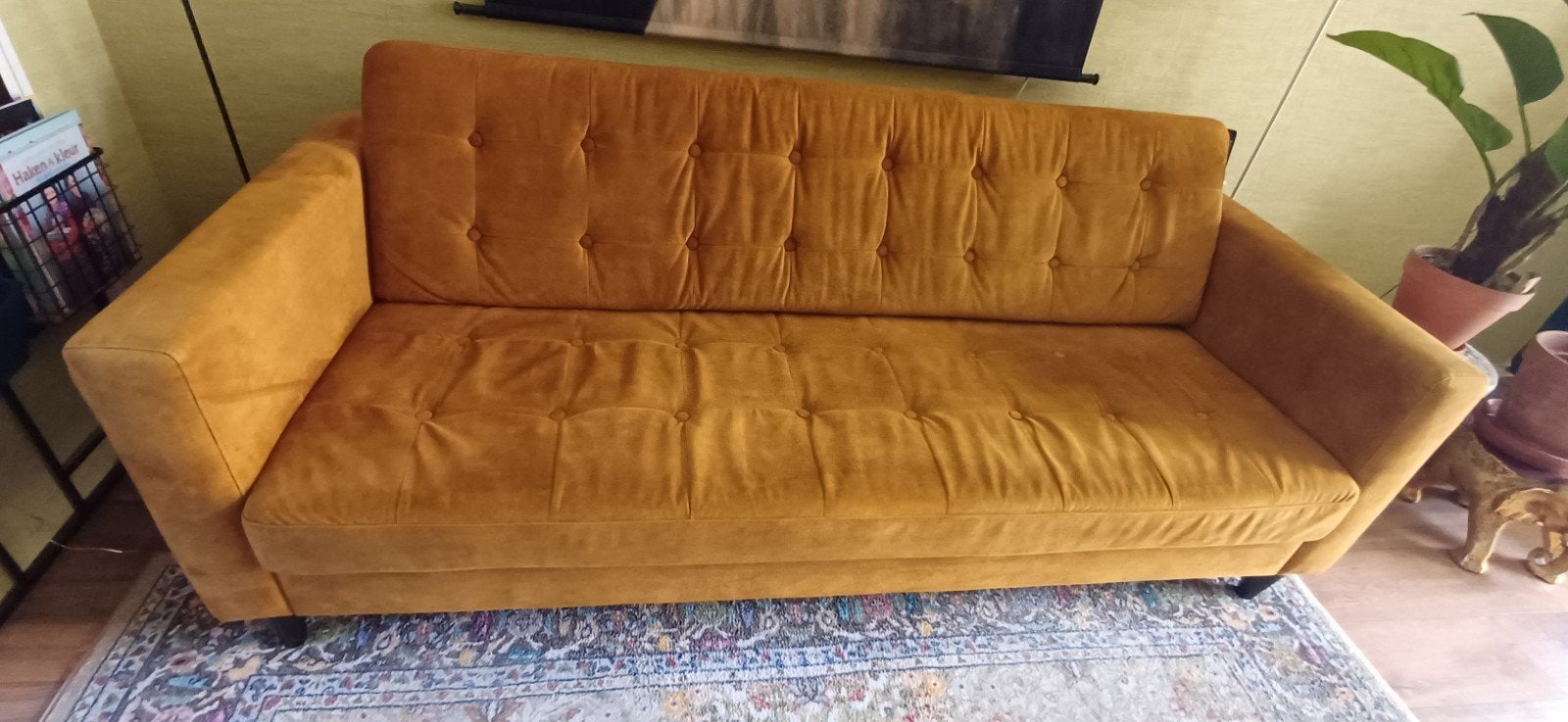 2,5 zits bank kerriegeel velvet, Ophalen, Gebruikt, 75 tot 100 cm, Rechte bank