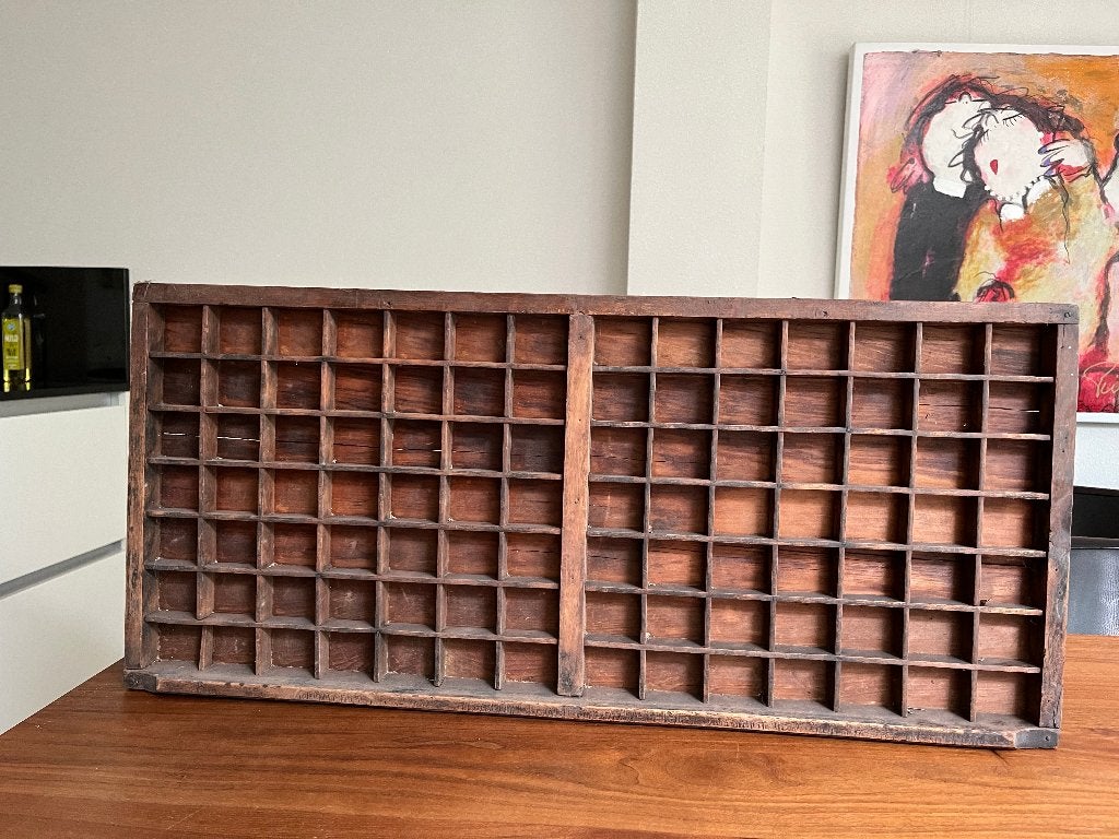 Antieke houten letterbak uit drukkerij, Ophalen