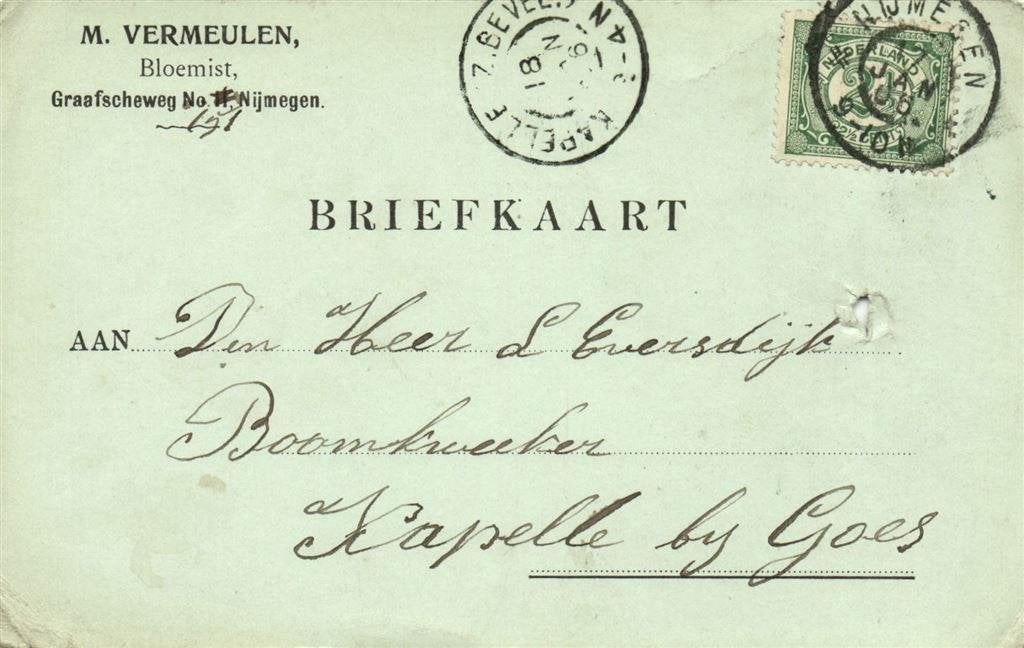 M. Vermeulen, Bloemist, Nijmegen - 01.1906 - briefkaart, Ophalen of Verzenden, Briefkaart