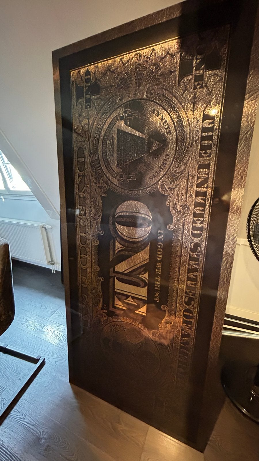 Groot Schilderij Dollar Biljet Kunstwerk aluminium 90 x 200, Ophalen, Zo goed als nieuw, Schilderij, 75 tot 100 cm
