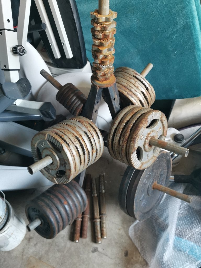 95KG Halterschijven 53 stuks 30mm Stang 4 Dumbells, Ophalen, Gebruikt, Benen, Halterschijven