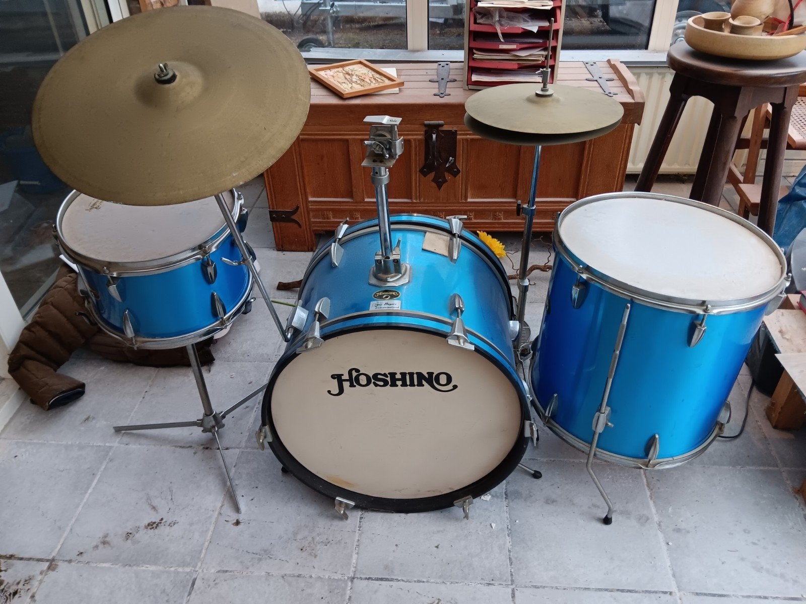 Vintage Hoshino drumstel - Blauw, Muziek en Instrumenten, Ophalen, Gebruikt, Overige merken