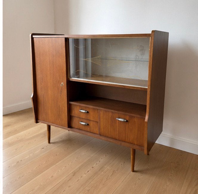 Vintage Gebr. Verhoeff highboard/vitrinekast Model AFRO142, Vintage, 100 tot 150 cm, Ophalen of Verzenden, Zo goed als nieuw