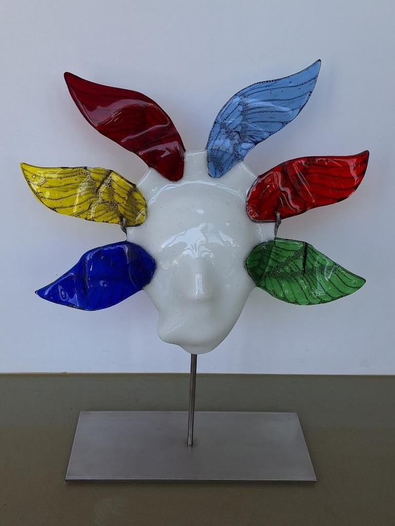 art-glass glas-kunst masker design-object op rvs standaard, Antiek en Kunst, Kunst | Designobjecten, Ophalen