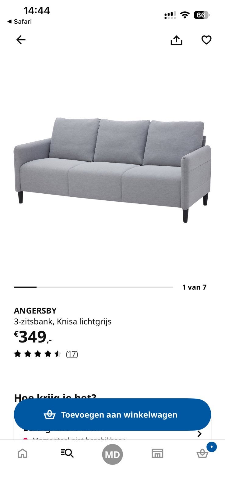 Angersby ikea 3-zits bank grijs, Ophalen, 150 tot 200 cm, Driepersoons, 75 tot 100 cm