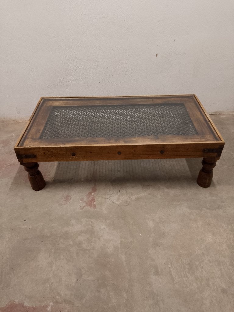 Eiken salon-/koffietafel-Spaanse stijl met ijzer/glazen blad, Ophalen, Gebruikt, 100 tot 150 cm, 50 tot 100 cm