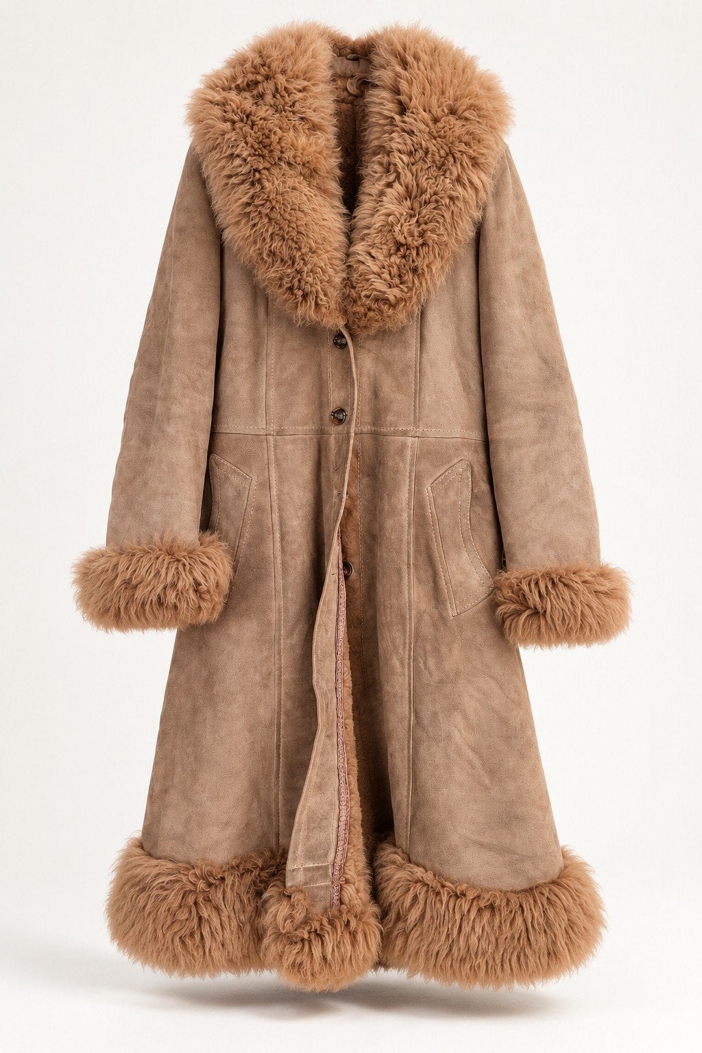Vintage Afghaanse Maxi Jas van 100% Dik Schapenwol Leer, Ophalen of Verzenden, Gedragen, Maat 38/40 (M), Bruin