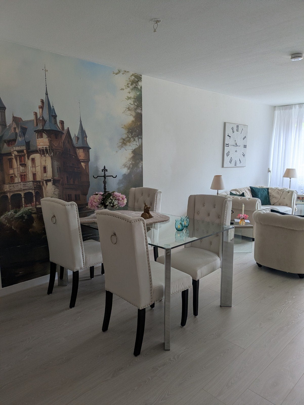 Glazen eettafel met chromen poten, Ophalen, Modern, Klassiek, Gebruikt, 50 tot 100 cm