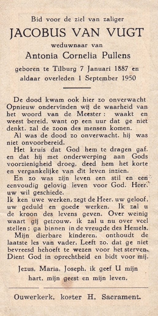 Vugt Jacobus 1887 Tilburg 1950, Ophalen of Verzenden, Bidprentje