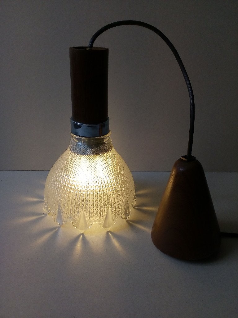 Hang/hal lamp. Glas/teakhout. Vintage Jaren 60/70, Huis en Inrichting, Vintage, Zo goed als nieuw, Glas, E27 (groot)