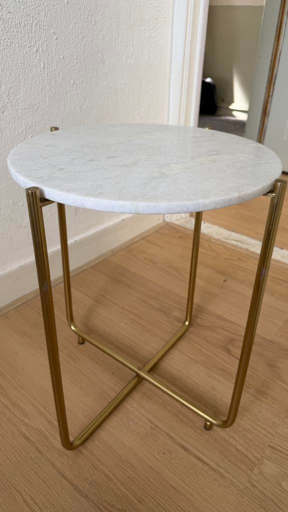 Marmeren messing goud bijzettafel 54x44,5cm, Minder dan 55 cm, Rond, Zo goed als nieuw, Ophalen