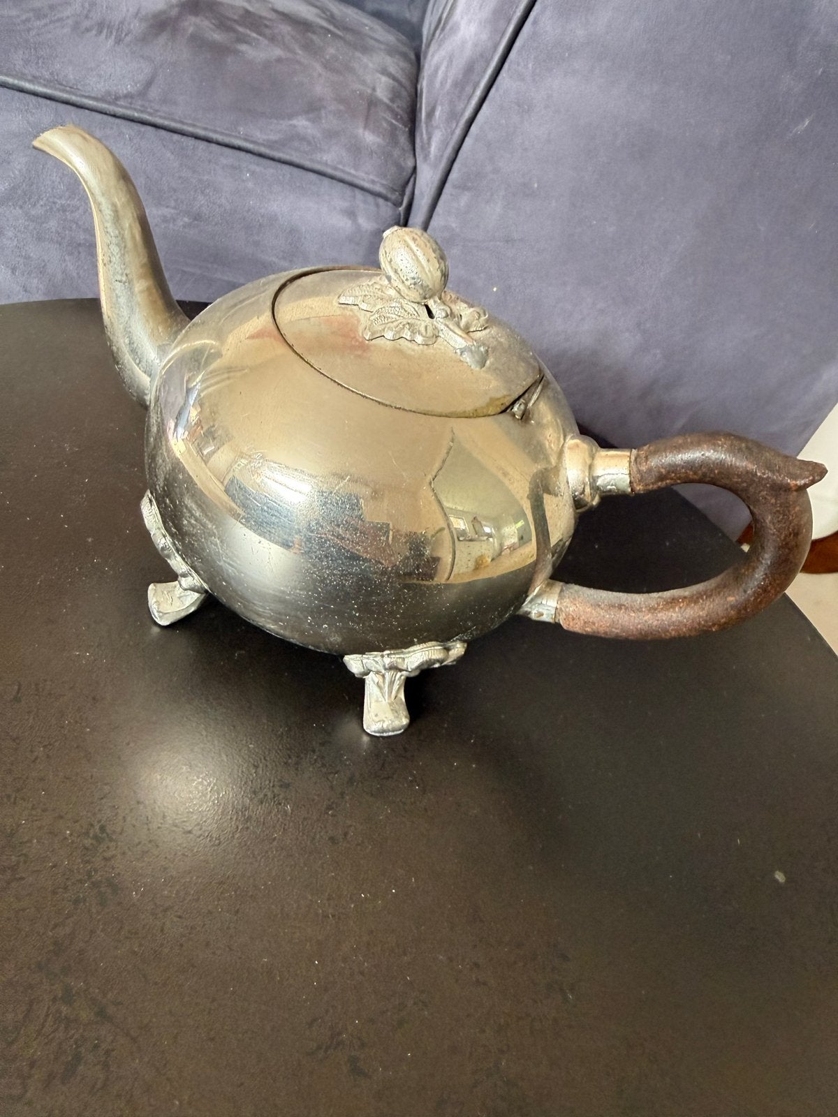 Antieke verzilverde theepot met houten handvat, Ophalen of Verzenden