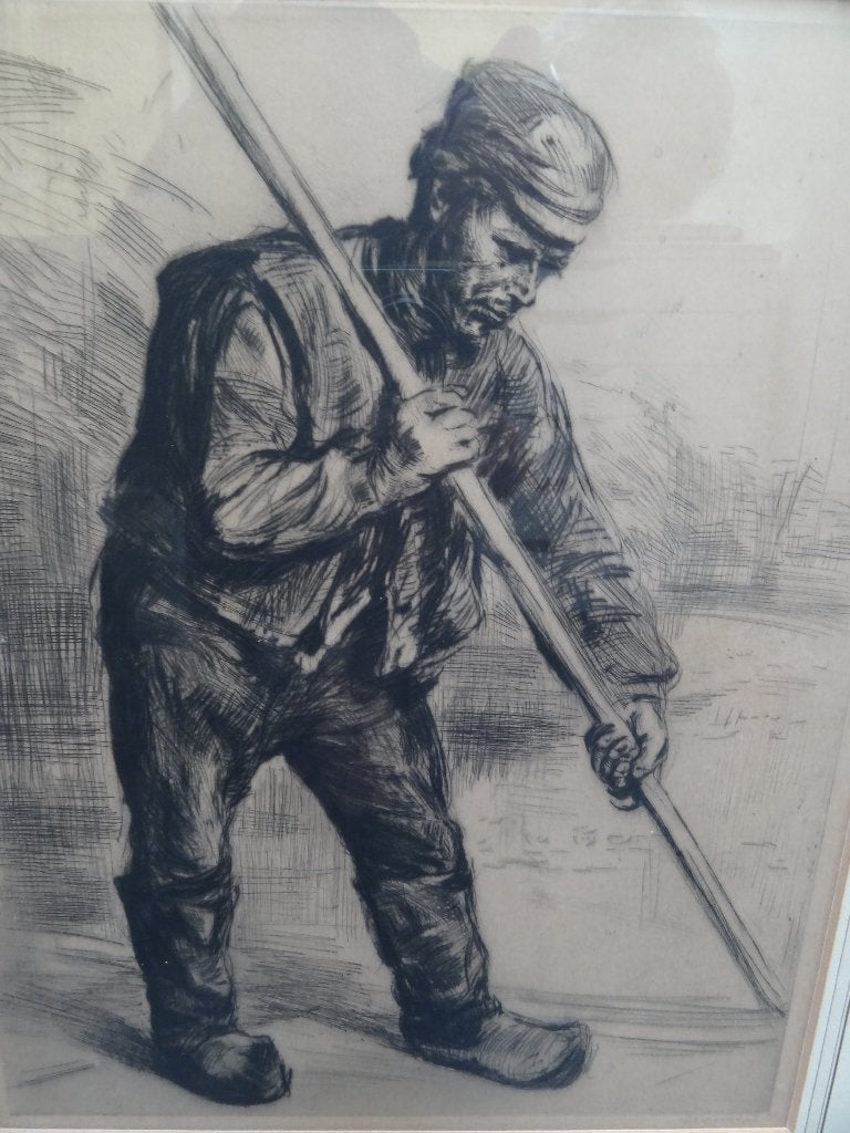 ets man op klompen die baggert met een stok, W. Dingemans, Antiek en Kunst, Ets, Portret, Ophalen of Verzenden, Origineel