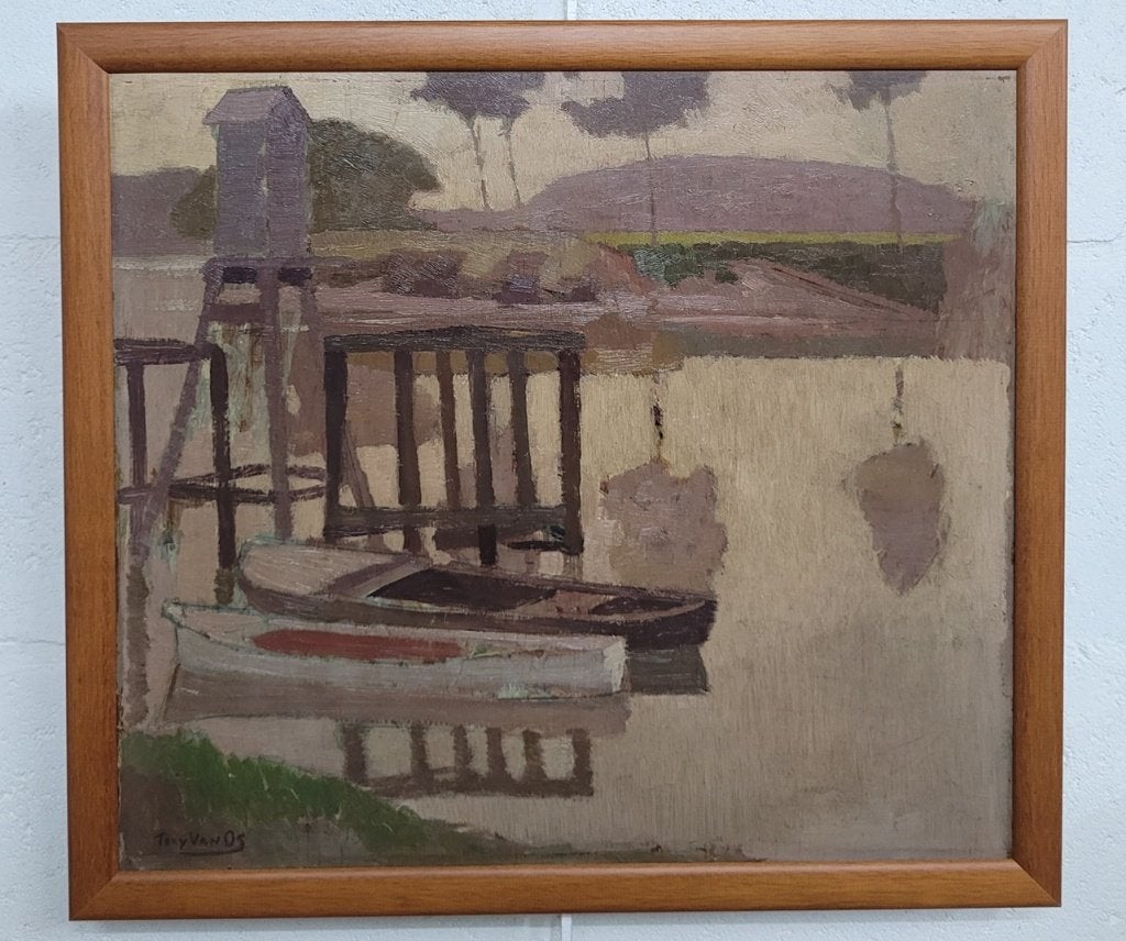 Tony VAN OS, aan de steiger, Ophalen of Verzenden, Olieverf, Origineel werk, Maritiem / water