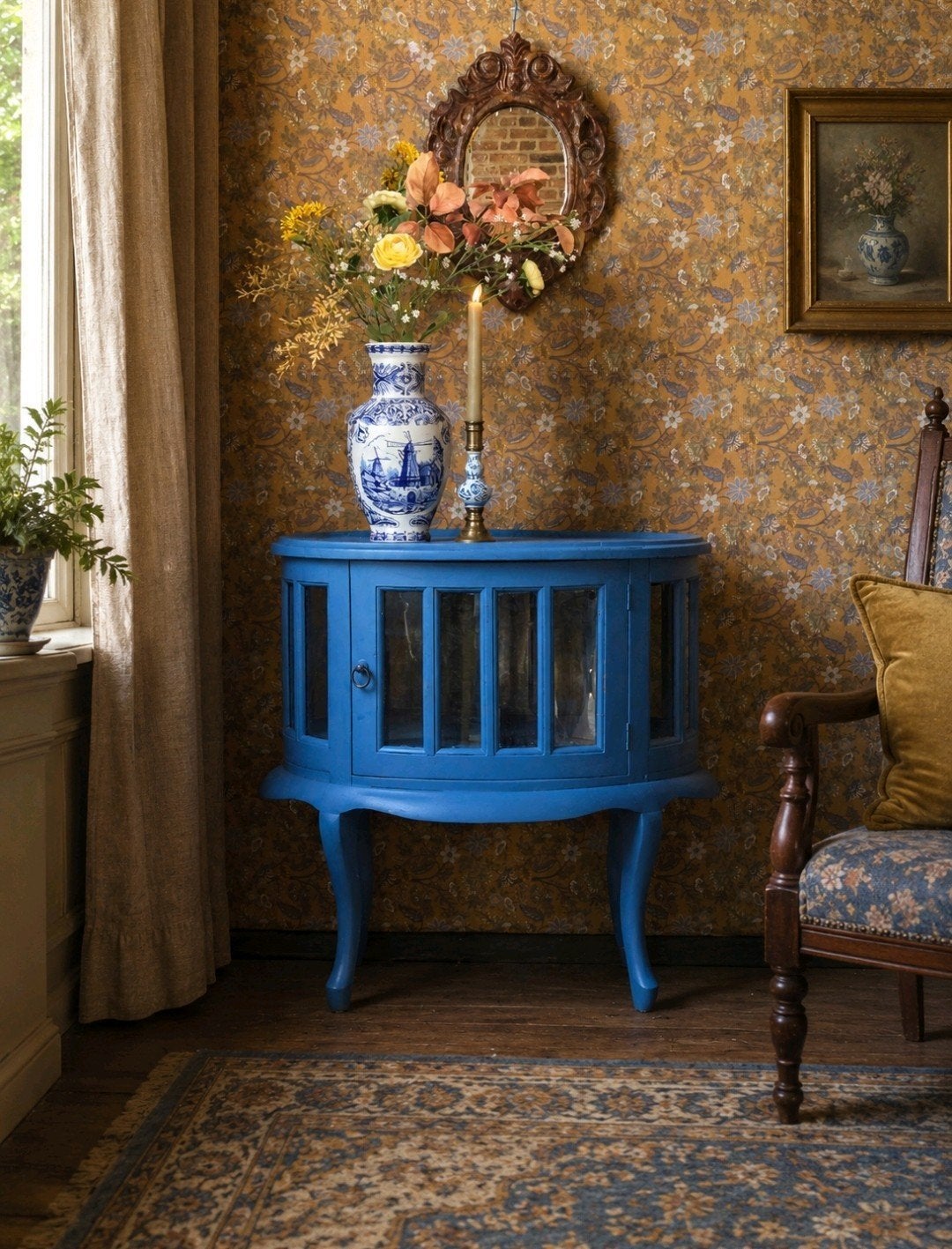 Blauw ovaal theekastje vitrinekastje theemeubel !, Ophalen, Minder dan 25 cm, 50 tot 100 cm, Minder dan 100 cm
