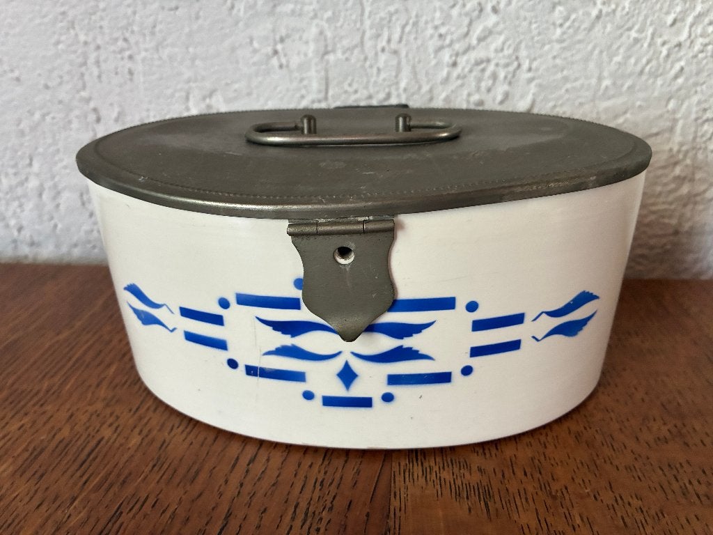 Vintage aardewerk keramiek vintage koektrommel wit blauw, Ophalen of Verzenden