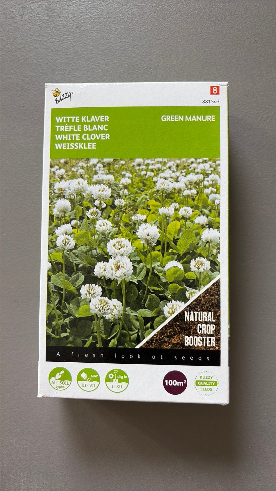 Buzzy witte klaver 100 gram, Ophalen of Verzenden, Najaar, Volle zon, Zaad