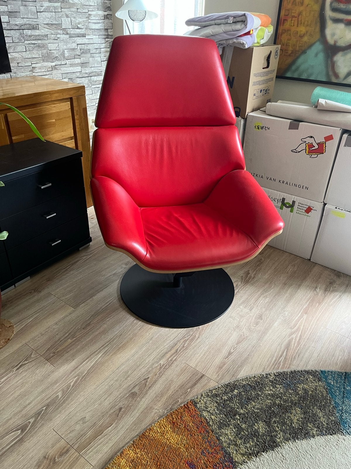 Nog 2 wkn:Ferrari rode leren draaifauteuil, Huis en Inrichting, Fauteuils, Gebruikt, Leer, 75 tot 100 cm, Ophalen