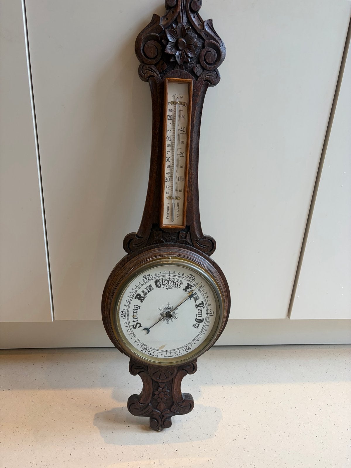 Antieke Barometer en Thermometer - Houtsnijwerk, Ophalen of Verzenden, Gebruikt, Weerstation