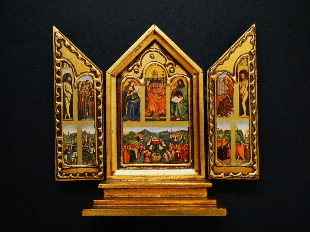 Drieluik Icoon verguld Het Lam Gods naar gebroeders Van Eyck, Antiek en Kunst, Ophalen of Verzenden