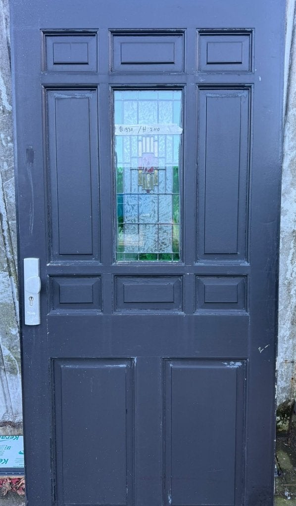 Houten voordeur antracietgrijs, glas in lood, brievenbus, Ophalen, Gebruikt, 80 tot 100 cm, Buitendeur