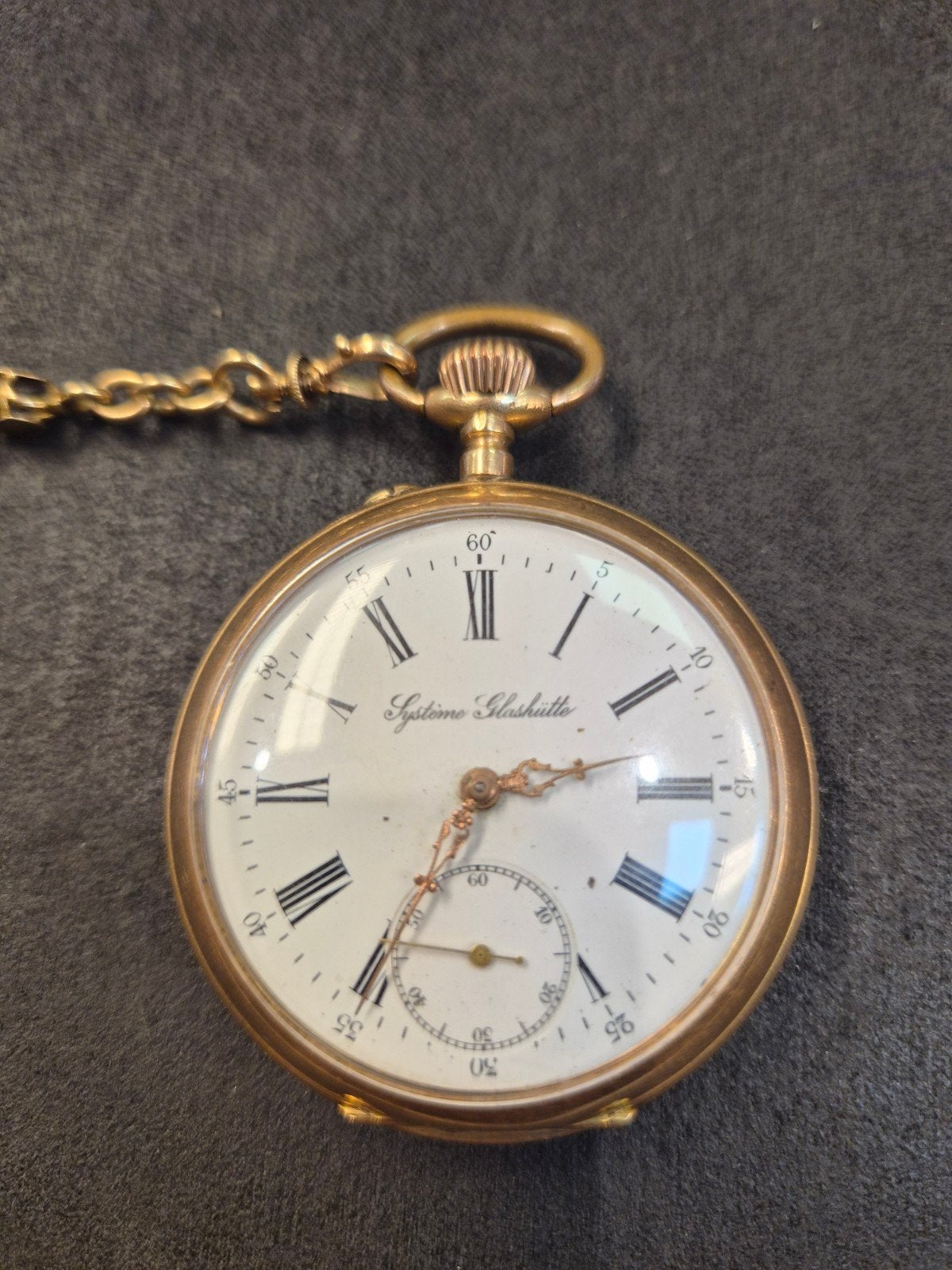 Antiek 14K Gouden Zakhorloge met Ketting - Systeem Glashütte, Ophalen, Goud, Overige typen