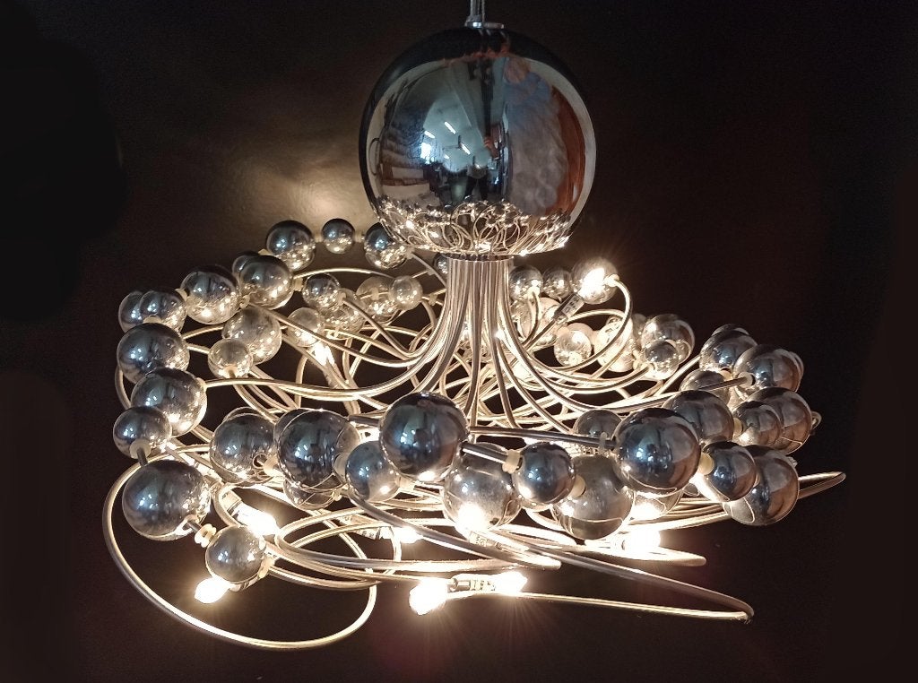 hanglamp met zilveren bollen en halogeenlampjes, Ophalen of Verzenden, Gebruikt, Metaal, Overige fittingen