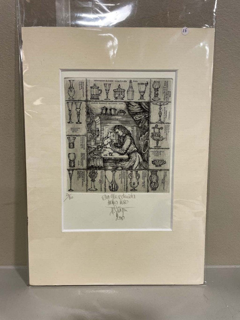'De Glasschilder' Ets van Harry Jurgens (Dsl), Antiek en Kunst, Dagelijks leven, Ets, 17 cm, Gesigneerd