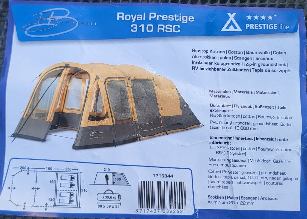 Tent Bardani Royal Prestige 310 RSC prima staat! (2022), Ophalen, Gebruikt, Tot en met 4