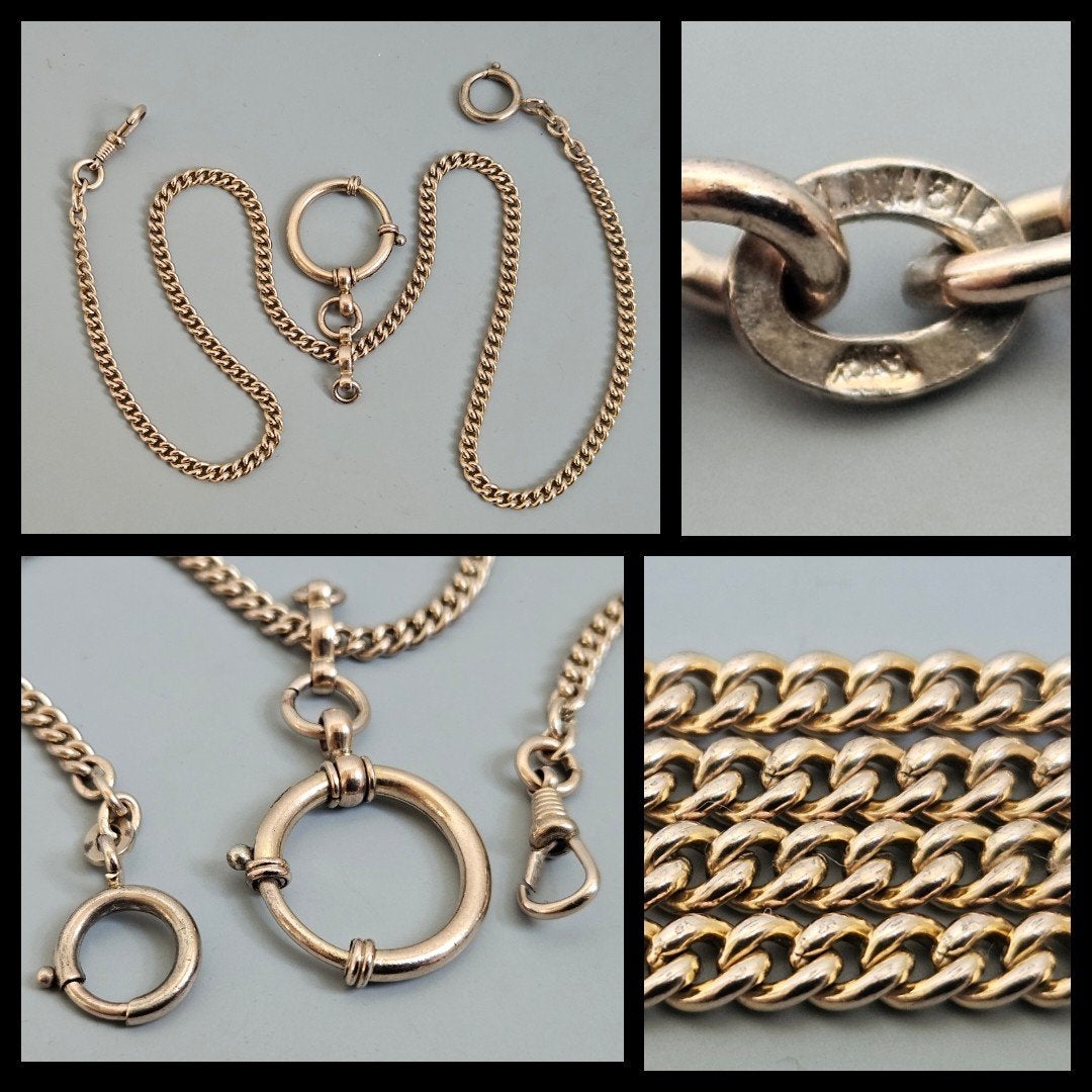 Antiek doublé zakhorloge horlogeketting met 3 sluitingen, Sieraden, Tassen en Uiterlijk, Antieke sieraden, Ophalen of Verzenden