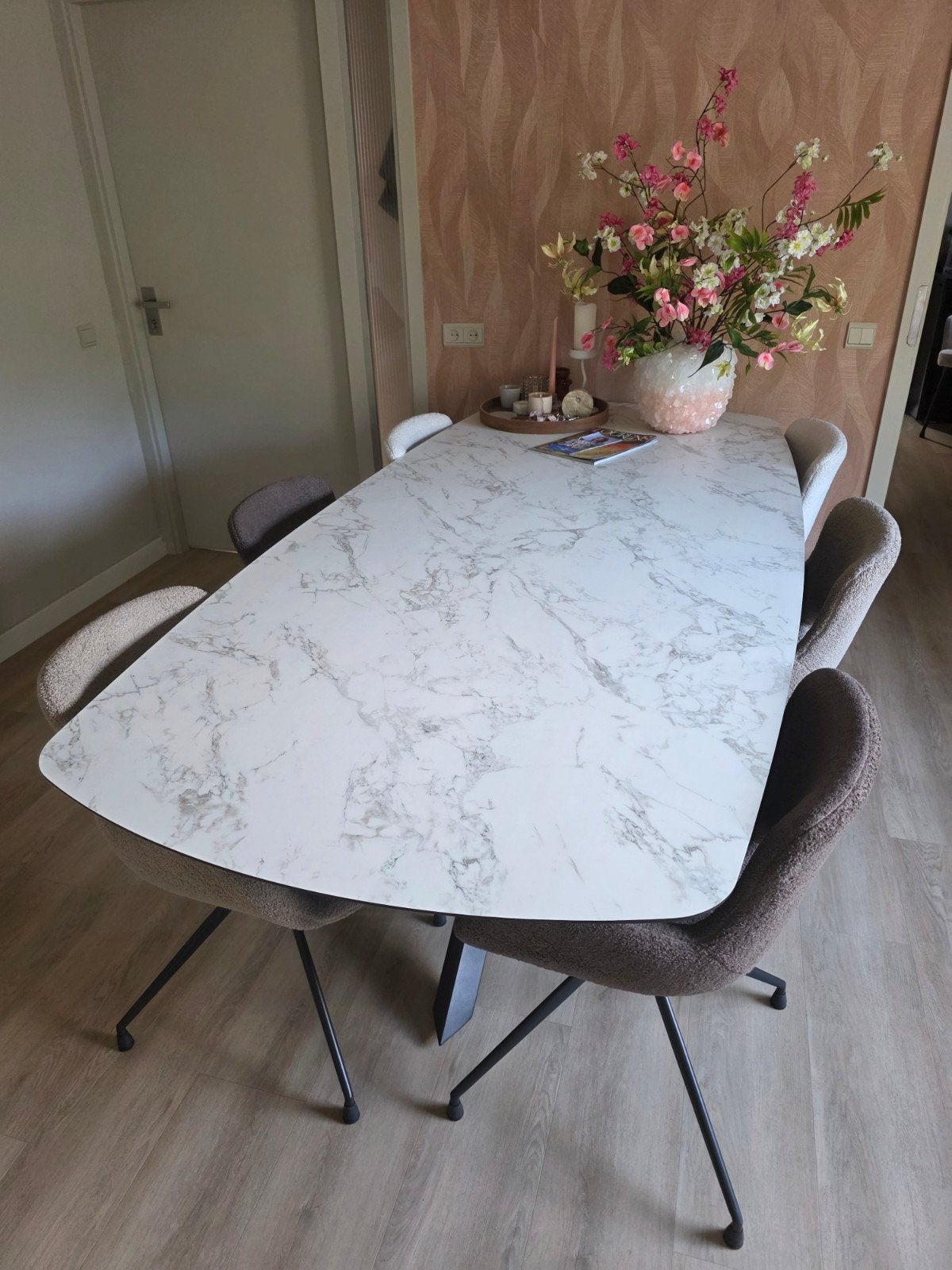 Trendhopper Deens Ovale Eettafel 220x110 cm Marmerlook, Ophalen, 100 tot 150 cm, Overige materialen, 200 cm of meer