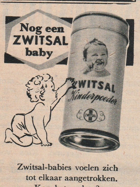 retro reclame 1955 Zwitsal kinderpoeder poederbus nog eentje, Verzenden, Overige typen