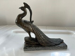 Massief bronzen pauw beeld op granieten voet, Antiek en Kunst, Ophalen of Verzenden